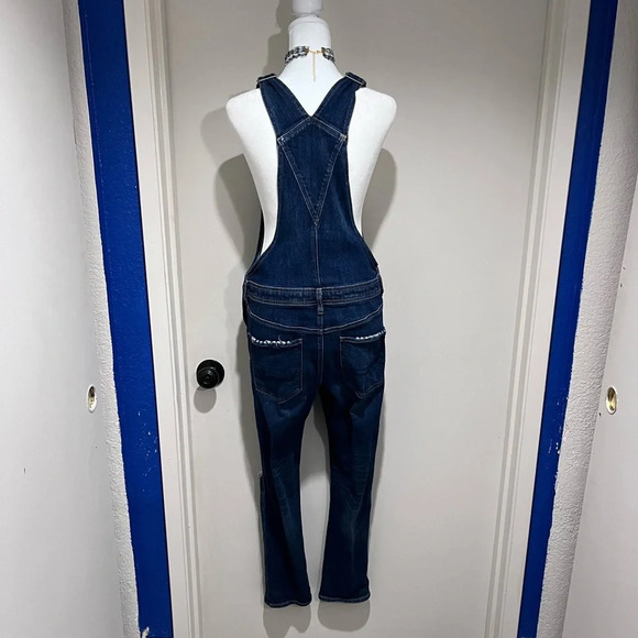 Dark wash blue denim overalls with distressed details and adjustable straps - S - Picture 3 of 4